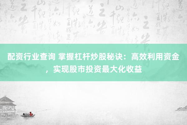 配资行业查询 掌握杠杆炒股秘诀：高效利用资金，实现股市投资最大化收益